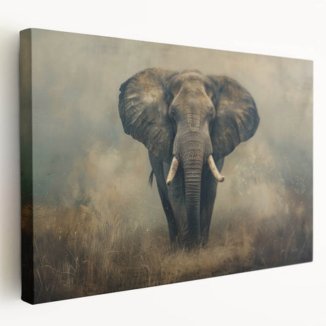 Stretched canvas wall art showcasing a majestic side view of an elephant in a vibrant natural setting, highlighting intricate details and textures for a striking visual impact.