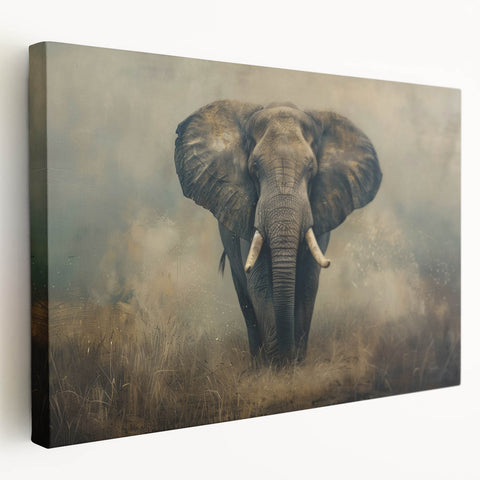 Stretched canvas wall art showcasing a majestic side view of an elephant in a vibrant natural setting, highlighting intricate details and textures for a striking visual impact.