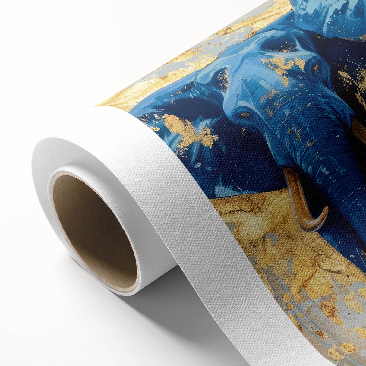 Rolled canvas featuring a vibrant elephant design in an African wildlife setting, showcasing intricate details and textures, perfect for home decor.