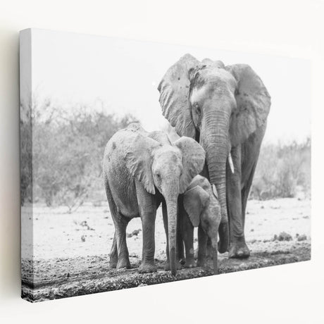 Stretched canvas wall art depicting a majestic elephant in a serene natural setting, showcasing intricate details and vibrant colors, perfect for wildlife enthusiasts.