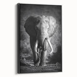 Framed canvas wall art featuring a realistic black and white side view of an elephant, set against a minimalistic background, perfect for nature-themed decor.
