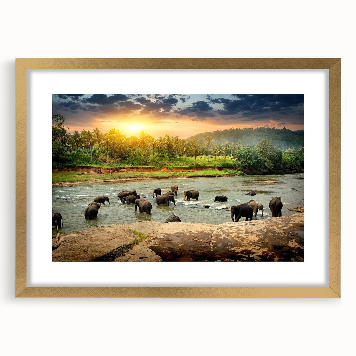 Elegant wall art featuring a majestic elephant design in gold frame, showcasing intricate details and a mat, perfect for enhancing any modern decor.