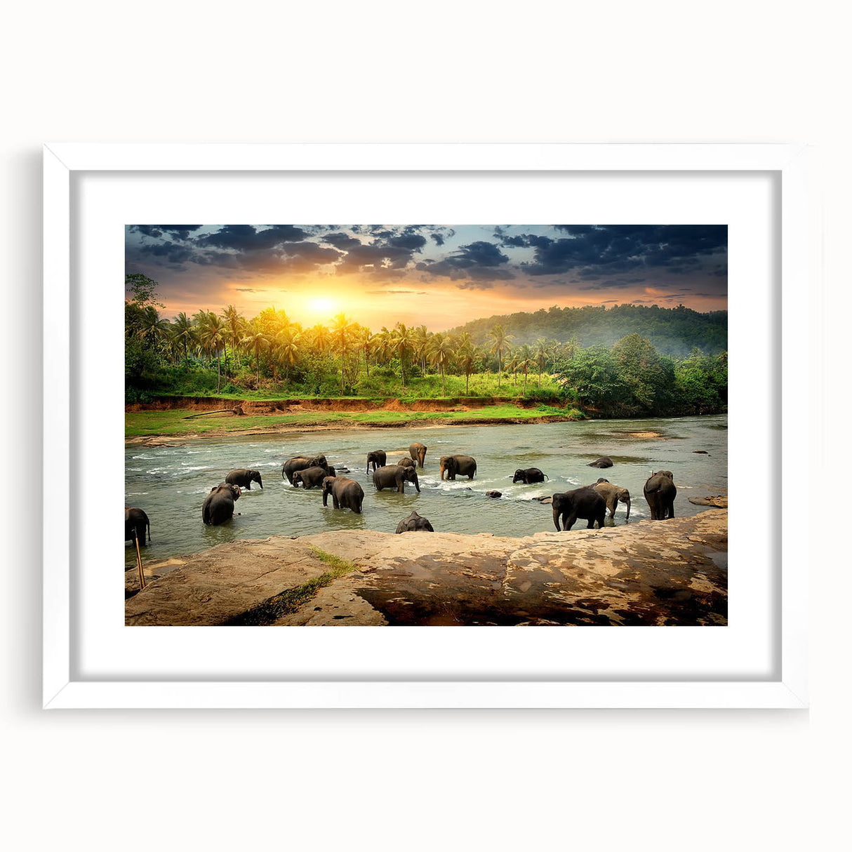 Framed wall art showcasing a beautiful elephant design in vibrant colors with a white mat, perfect for animal-themed home decor, emphasizing wildlife conservation.