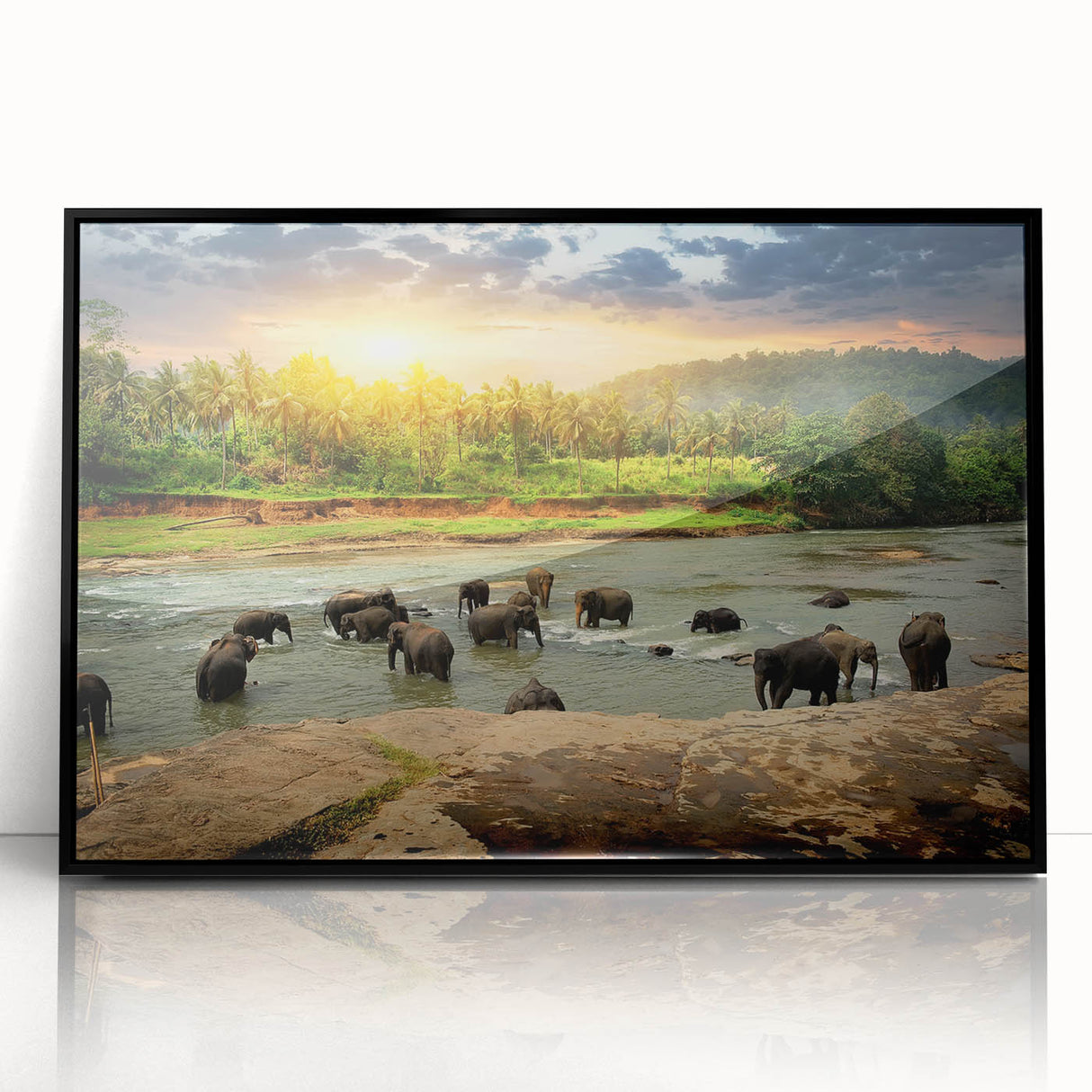 Framed wall art featuring a striking black and white design of an elephant, showcasing intricate details and textures, perfect for wildlife enthusiasts and home decor.