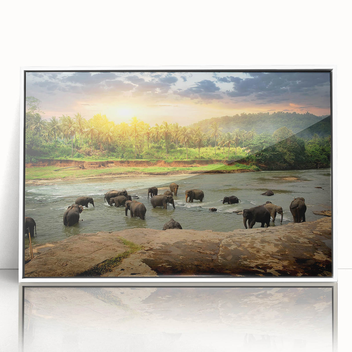 Framed acrylic wall art featuring a majestic elephant design, showcasing intricate details and vibrant colors, perfect for wildlife enthusiasts and home decor.