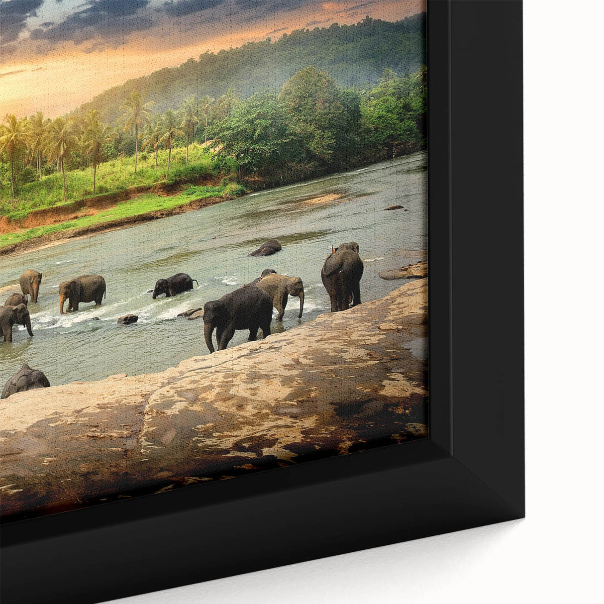 Close-up of a framed canvas print showcasing a vibrant, artistic depiction of an elephant, emphasizing intricate details and textures in the artwork. Perfect for wildlife enthusiasts and home decor.