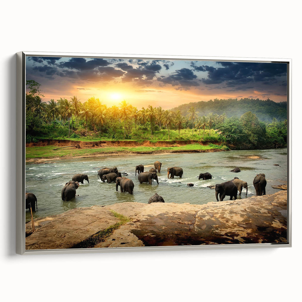 Framed canvas wall art featuring a majestic elephant design in silver tones, showcasing intricate details and textures, perfect for adding a wildlife theme to any room.