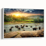 Framed canvas wall art featuring a side view of a majestic elephant, showcasing intricate details and a serene white background, perfect for wildlife enthusiasts.