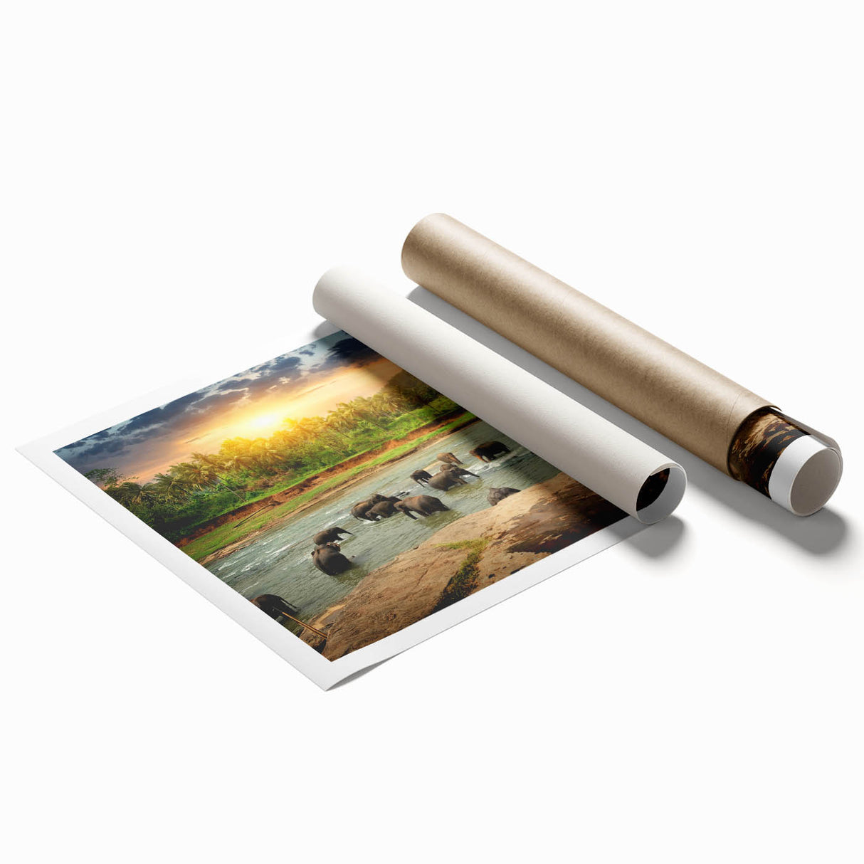 Elephant-themed wall art print showcasing a vibrant, colorful design inspired by wildlife. Ideal for nature enthusiasts, this rolled canvas adds a unique touch to home decor.