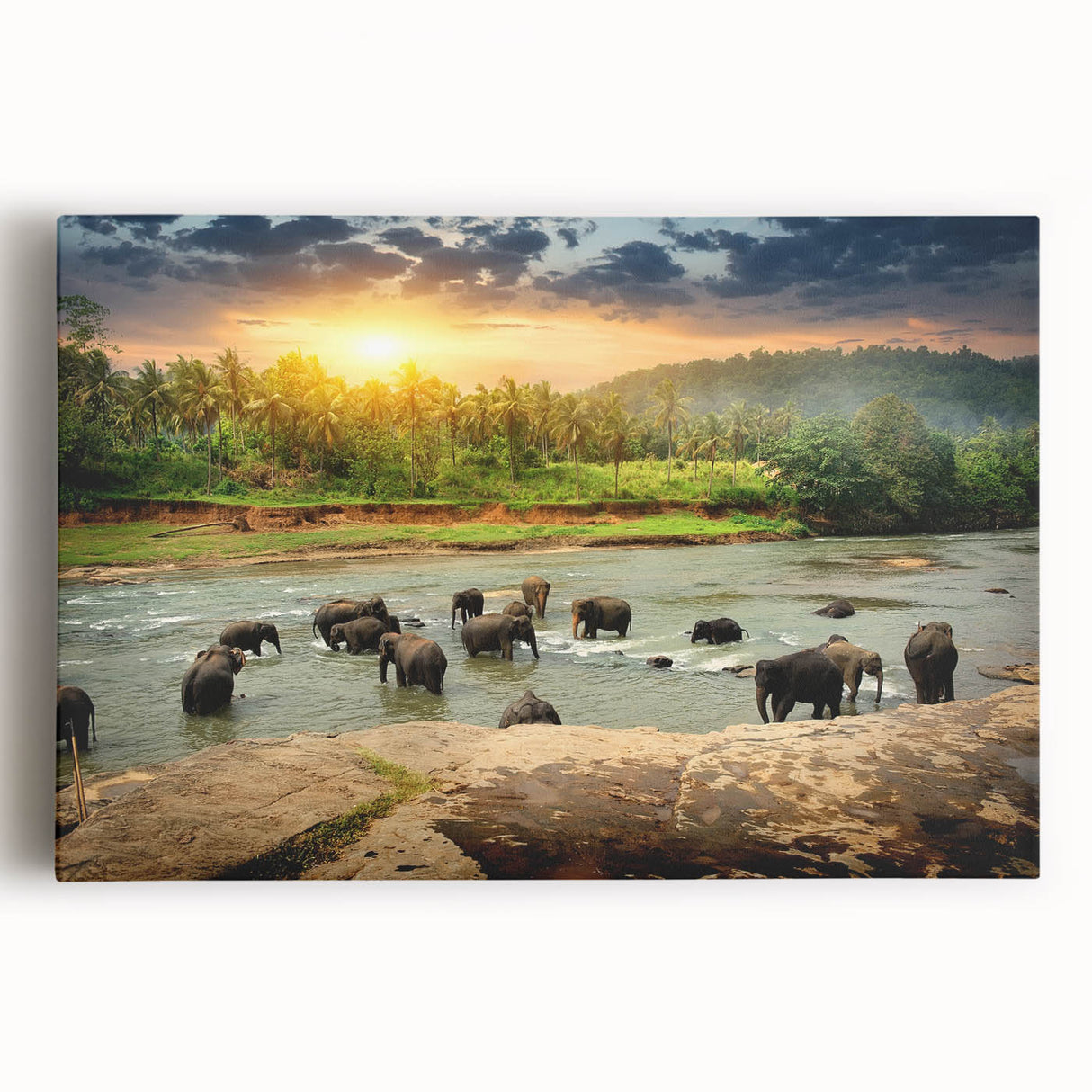 Stretched canvas artwork depicting a majestic African elephant design, showcasing intricate details and vibrant colors, perfect for wildlife enthusiasts and home decor.