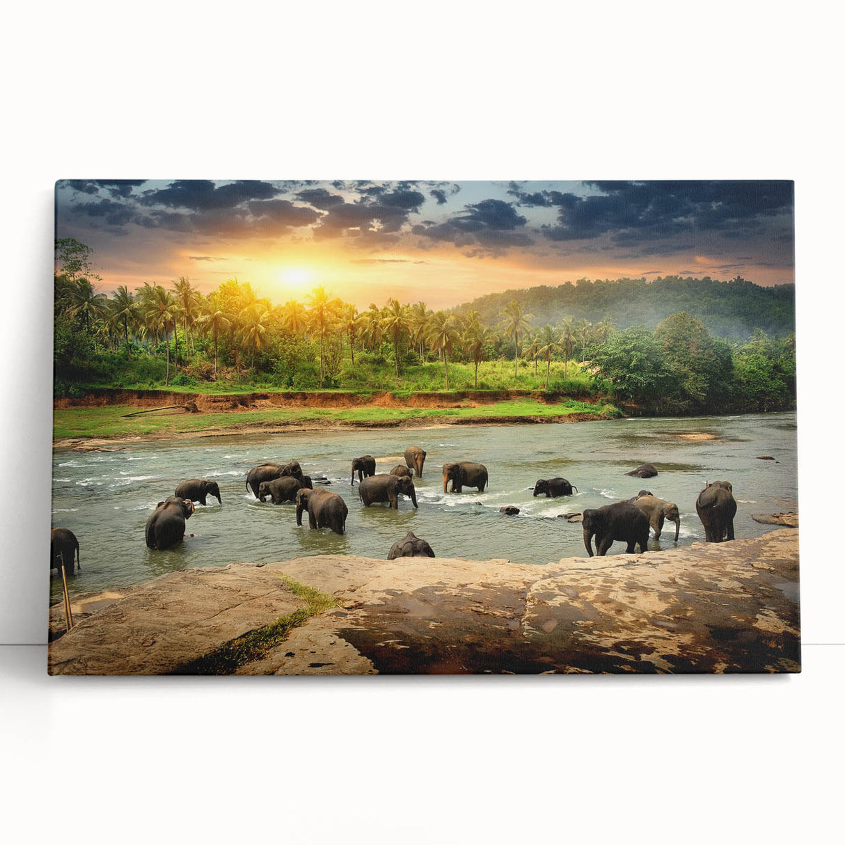 Stretched canvas wall art featuring a majestic African elephant design, showcasing vibrant colors and intricate details, perfect for wildlife enthusiasts and home decor.