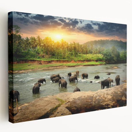 Stretched canvas wall art showcasing a vibrant side view of an elephant in a natural setting, perfect for wildlife enthusiasts and home decor.