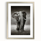 Framed wall art showcasing a majestic elephant design in a silver frame with matting, perfect for wildlife enthusiasts and home decor.