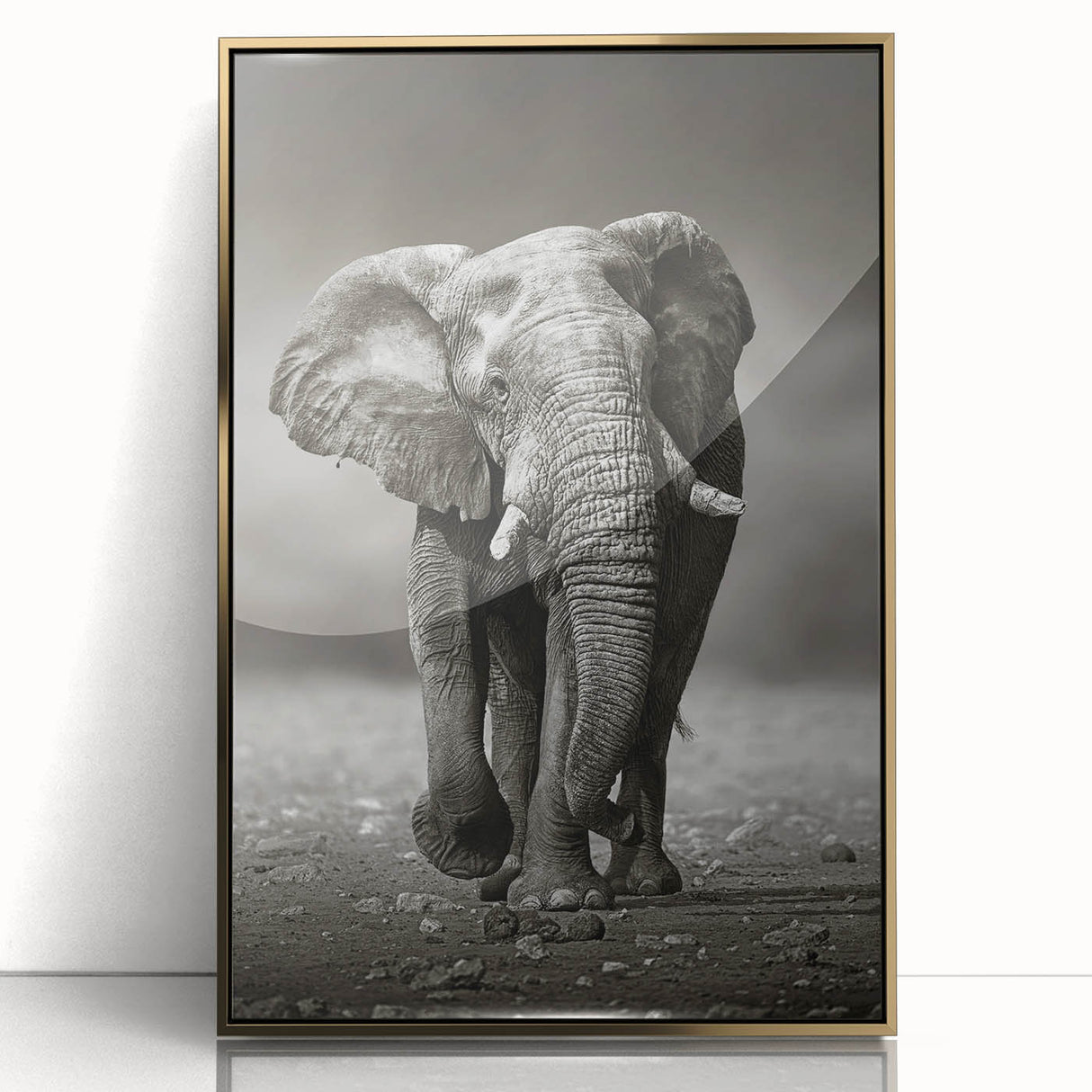 Framed acrylic wall art depicting a majestic elephant in a gold tone, showcasing intricate details and textures, perfect for wildlife enthusiasts.
