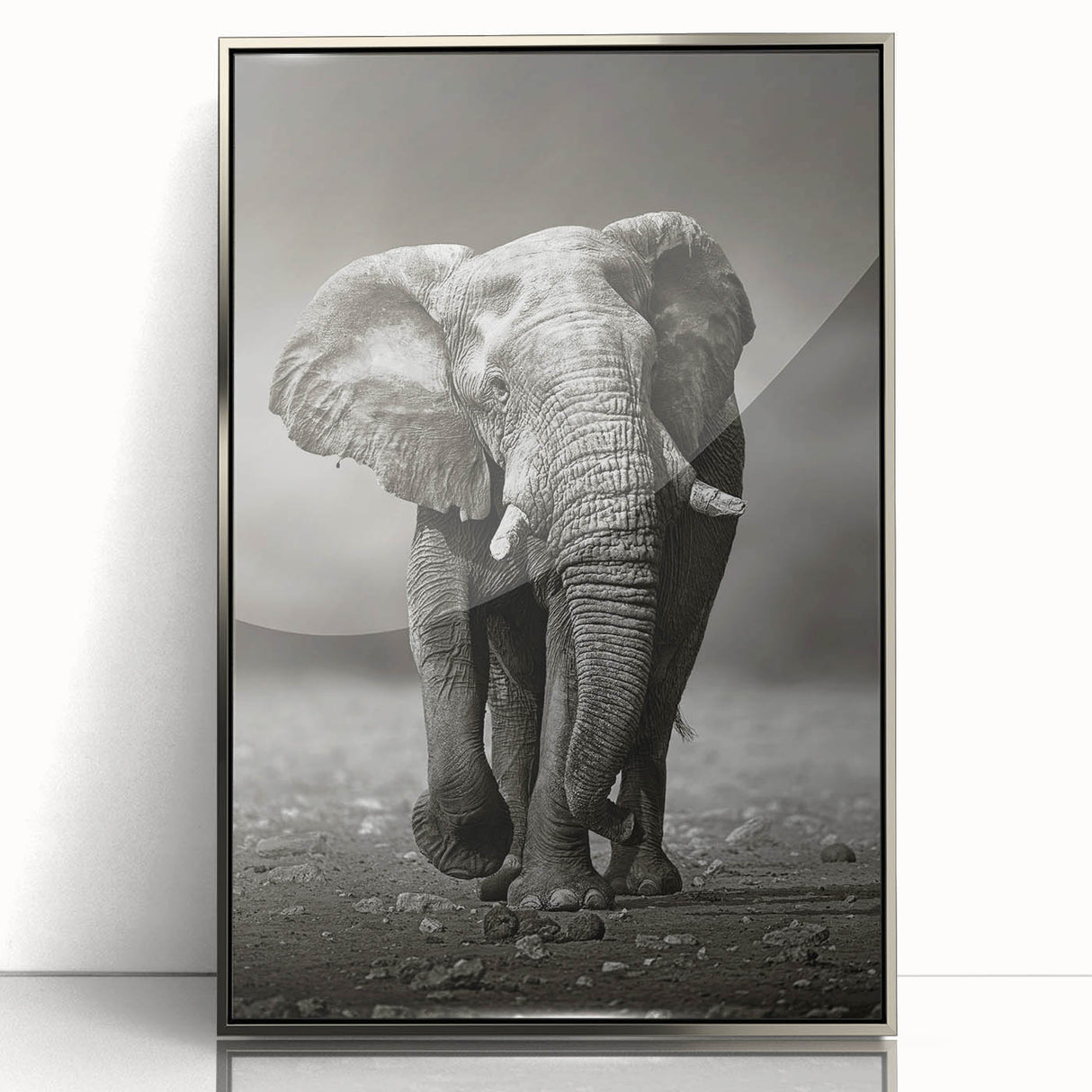Framed wall art featuring a majestic elephant design in a silver acrylic frame, showcasing intricate details and rich textures, perfect for wildlife enthusiasts.
