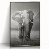 Framed wall art featuring a majestic elephant design in a silver acrylic frame, showcasing intricate details and rich textures, perfect for wildlife enthusiasts.