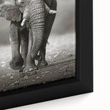 Close-up of a framed canvas wall art featuring an intricate elephant design, showcasing detailed textures and vibrant colors, perfect for wildlife enthusiasts.