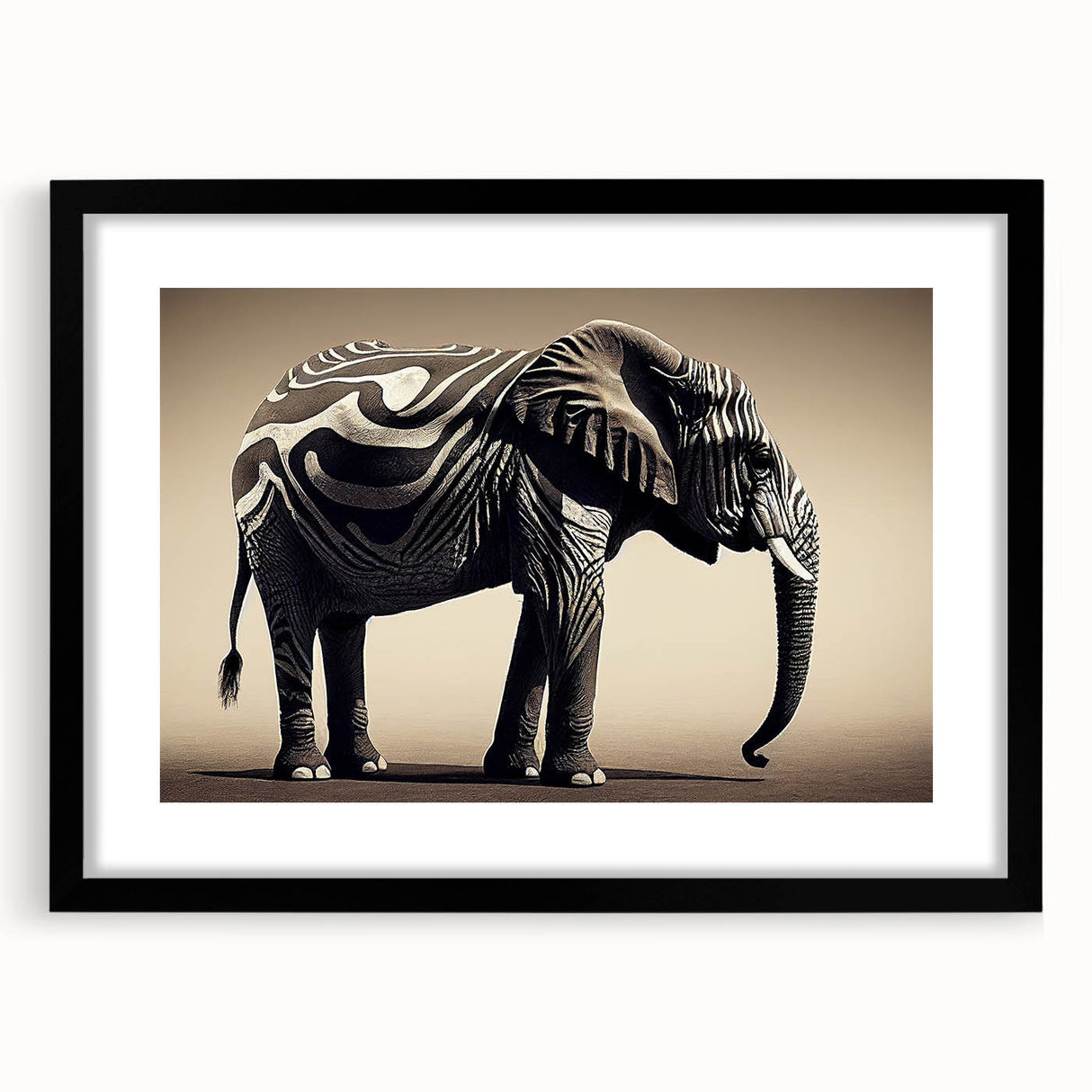 Framed wall art showcasing a majestic elephant design in a black frame, featuring a mat for added elegance, perfect for wildlife enthusiasts' home decor.
