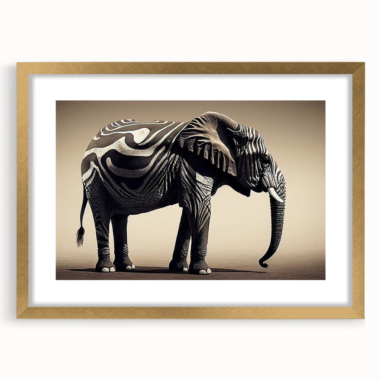 Elegant gold-framed wall art featuring a majestic elephant design, showcasing intricate details and vibrant colors, perfect for wildlife enthusiasts or home decor.
