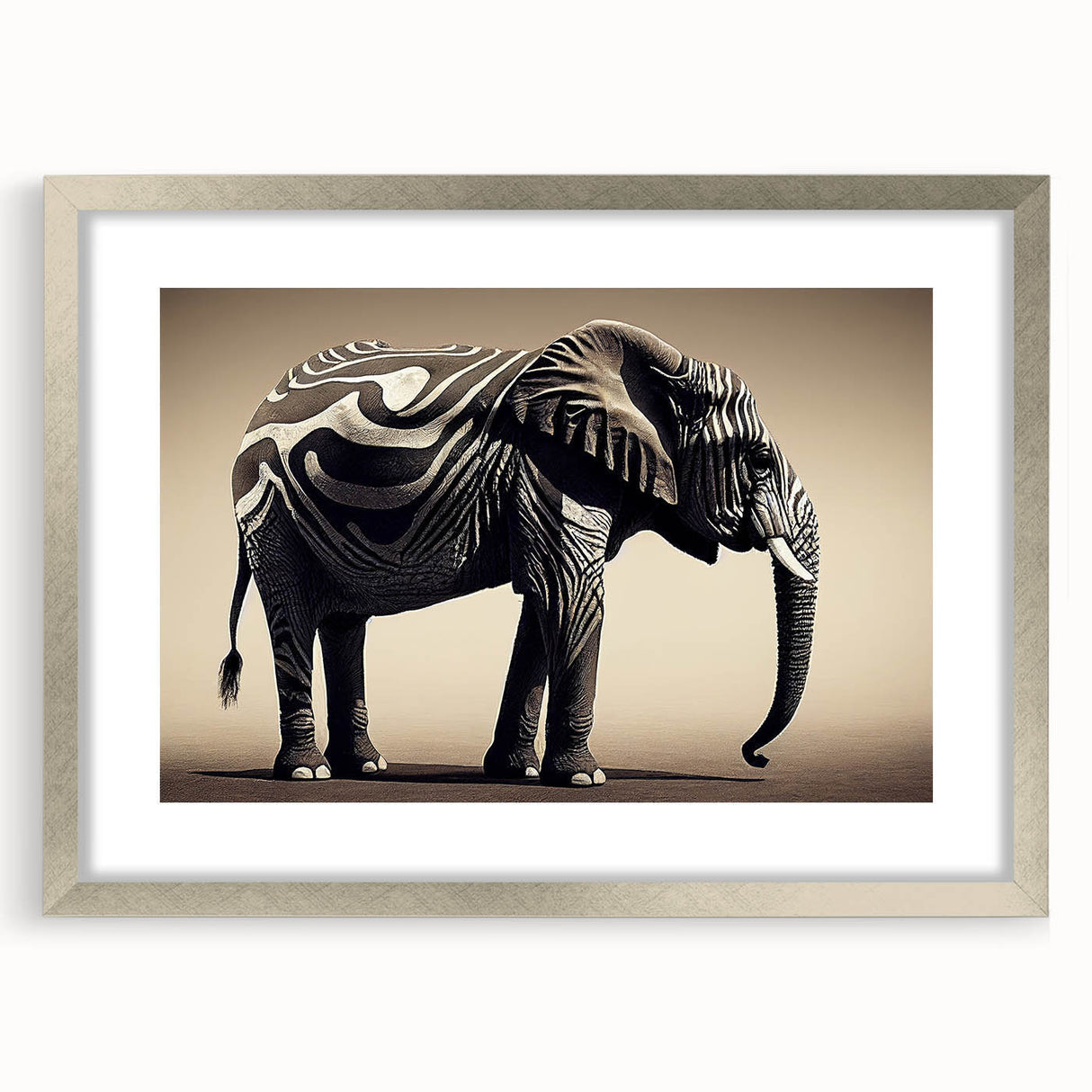 Framed wall art showcasing a stunning design of an elephant, featuring intricate details and a silver frame, perfect for wildlife-themed decor.