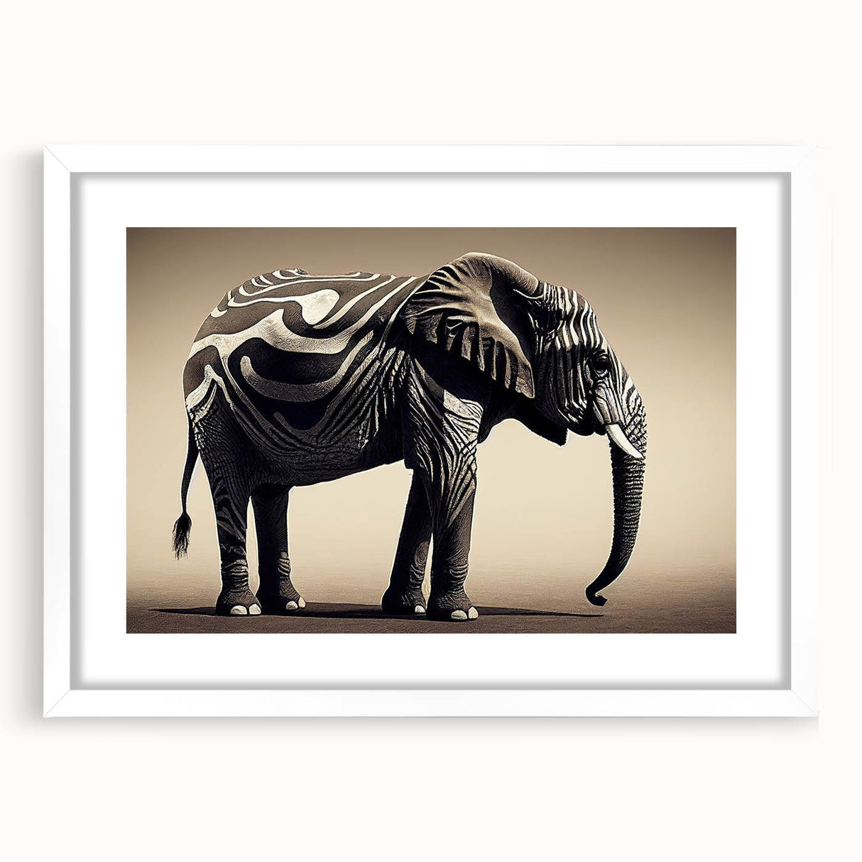 Framed wall art featuring a striking design of an elephant, showcasing intricate details and vibrant colors, set against a white mat, perfect for wildlife enthusiasts.