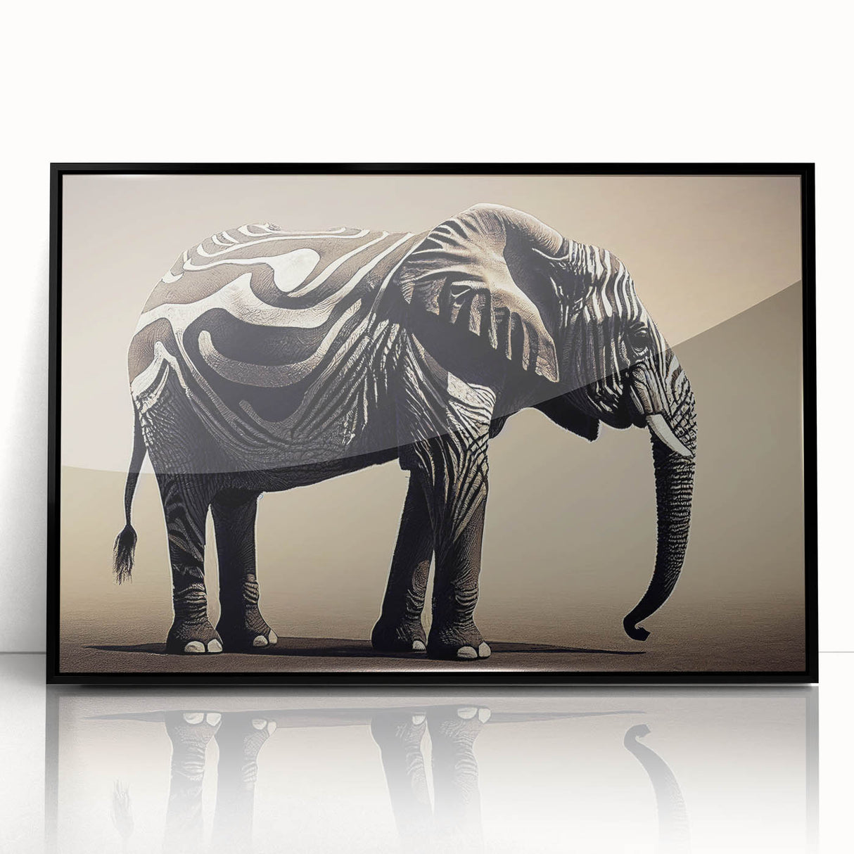 Framed wall art featuring a striking black and white illustration of an elephant, set against a minimalist background, ideal for wildlife enthusiasts and modern decor.