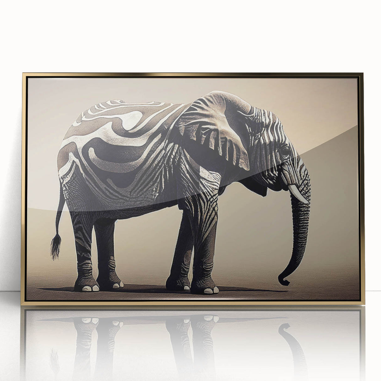 Framed wall art featuring a stunning gold-accented elephant design, showcasing intricate details and a front view, perfect for animal lovers and home decor enthusiasts.