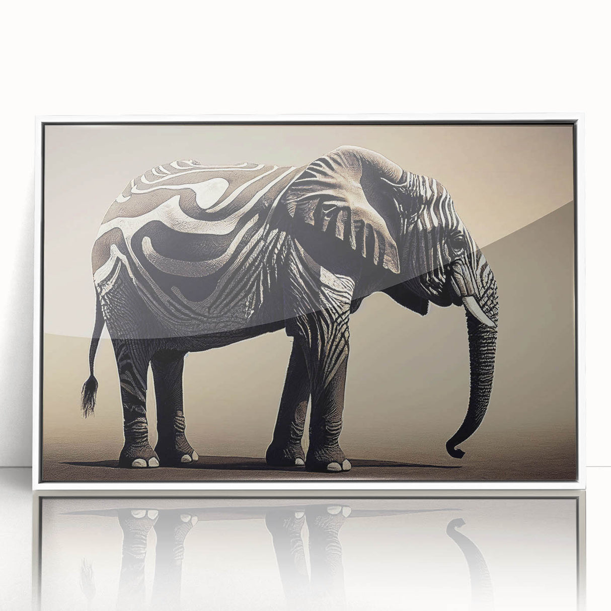 Framed wall art showcasing a stunning elephant design in a modern white frame, perfect for adding a touch of wildlife elegance to any room. This acrylic piece features vibrant colors and intricate details that highlight the beauty of nature.