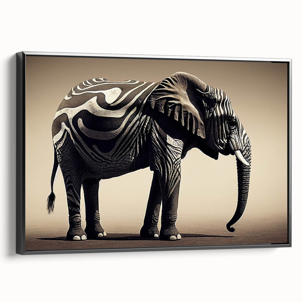 Framed canvas wall art showcasing a side view of a majestic elephant design in a striking black color, perfect for wildlife decor enthusiasts. Ideal for adding an elegant touch to modern interiors.