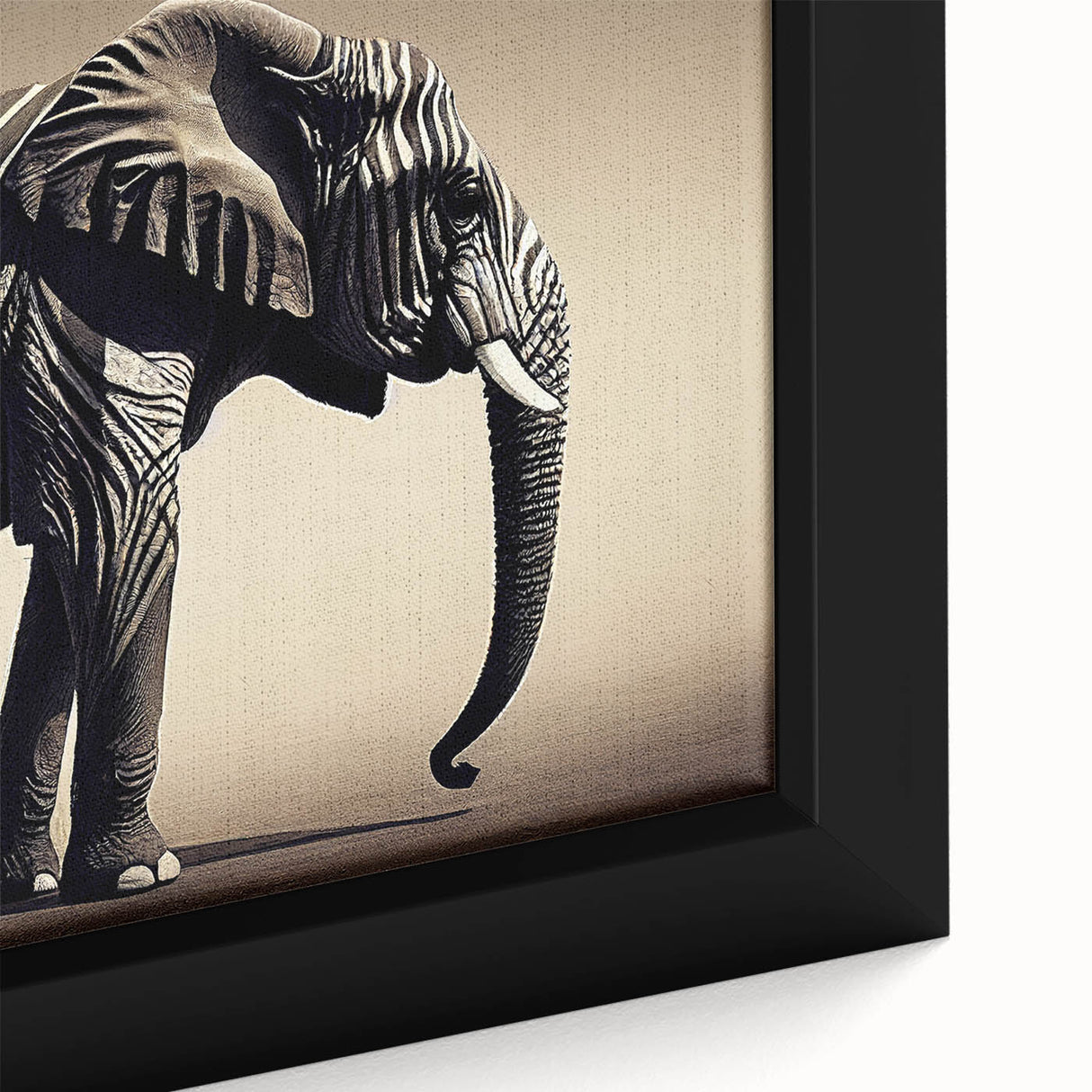 Close-up of a framed canvas wall art featuring a majestic elephant design, showcasing intricate details and vibrant colors, perfect for wildlife enthusiasts and home decor.