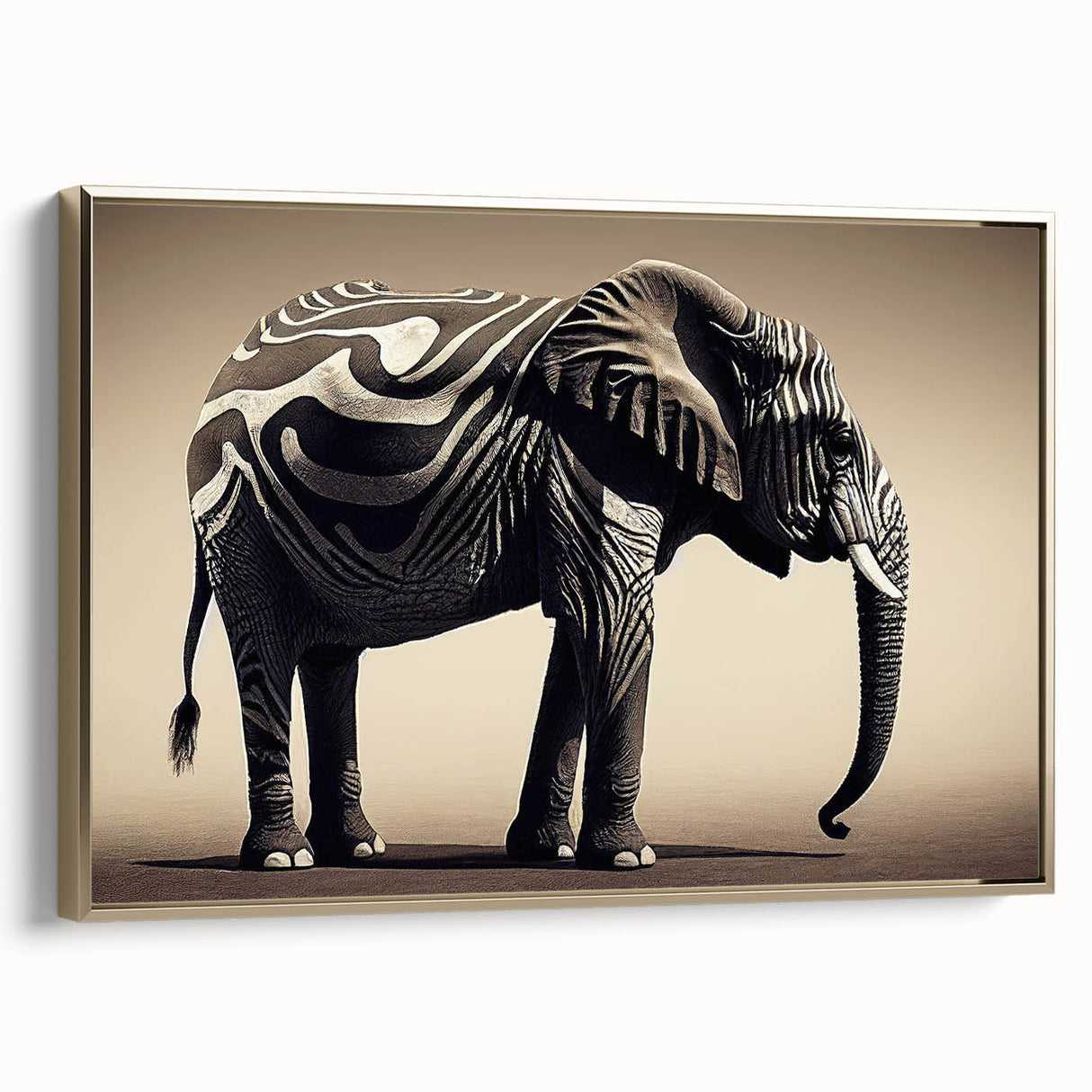 Framed canvas wall art featuring a side view of an elegant elephant design in gold tones, showcasing intricate details and textures, perfect for wildlife enthusiasts.