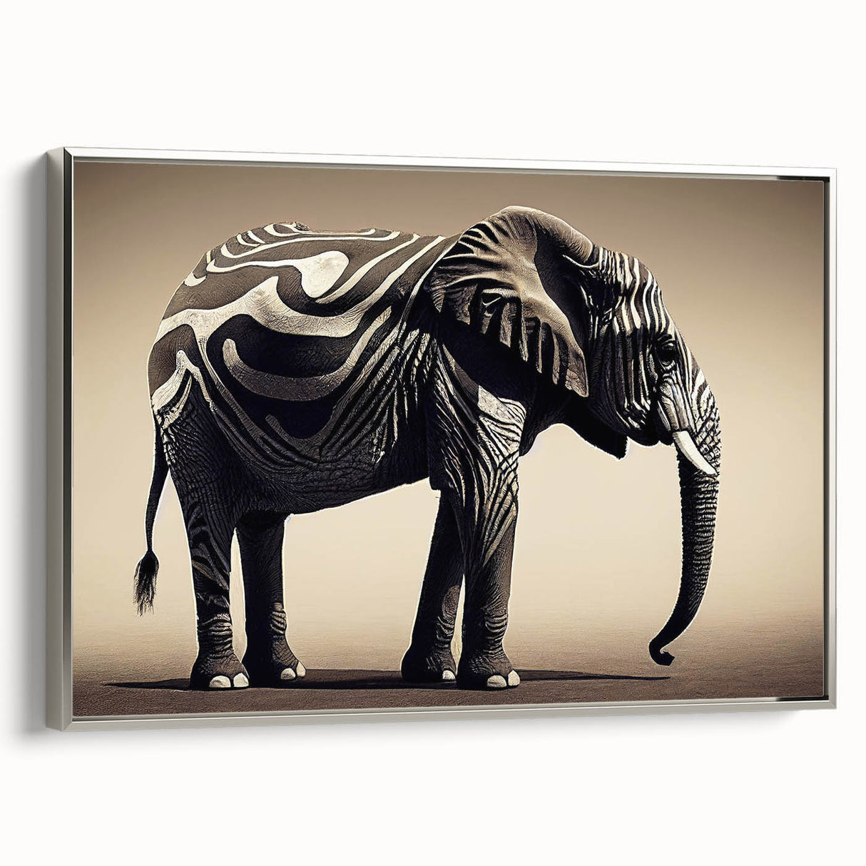 Framed wall art featuring a silver side view of a majestic elephant, showcasing intricate details and textures, perfect for adding sophistication to any decor.