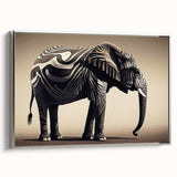 Framed wall art featuring a silver side view of a majestic elephant, showcasing intricate details and textures, perfect for adding sophistication to any decor.