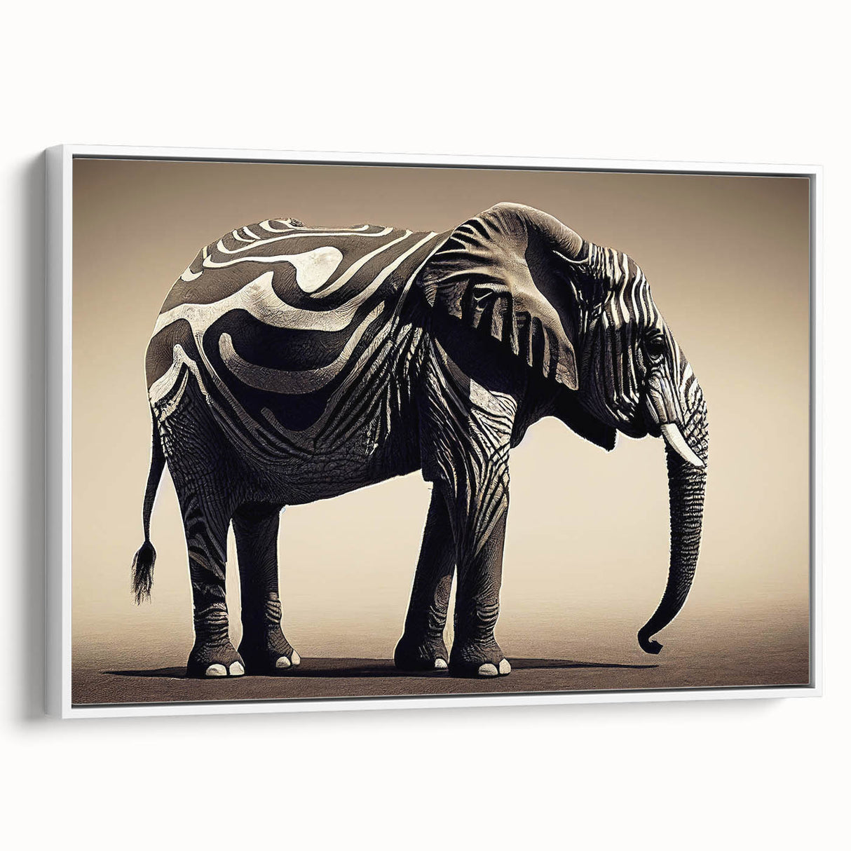 Framed canvas wall art showcasing a majestic elephant design in a minimalist white setting, perfect for animal lovers and nature-inspired decor. Ideal for enhancing modern interiors.