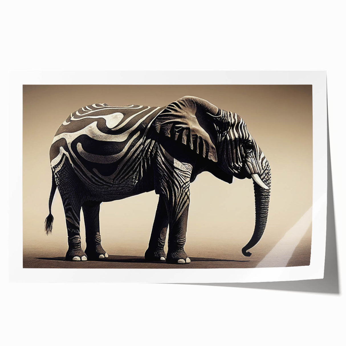 Elephant-themed wall art print showcasing vibrant colors and intricate details, perfect for nature enthusiasts. Ideal for home decor or wildlife-themed spaces.