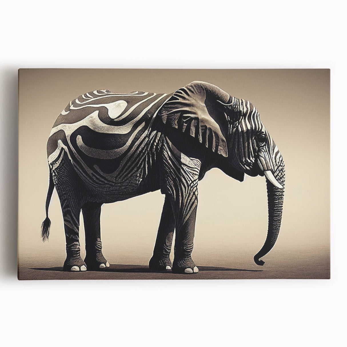 Majestic African elephant wall art on stretched canvas, showcasing intricate details and natural colors, perfect for adding a wildlife theme to home decor.
