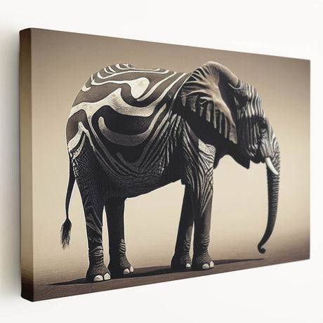 Stretched canvas artwork showcasing a majestic elephant in a wild landscape, highlighting detailed textures and earthy colors, perfect for animal lovers and home decor.