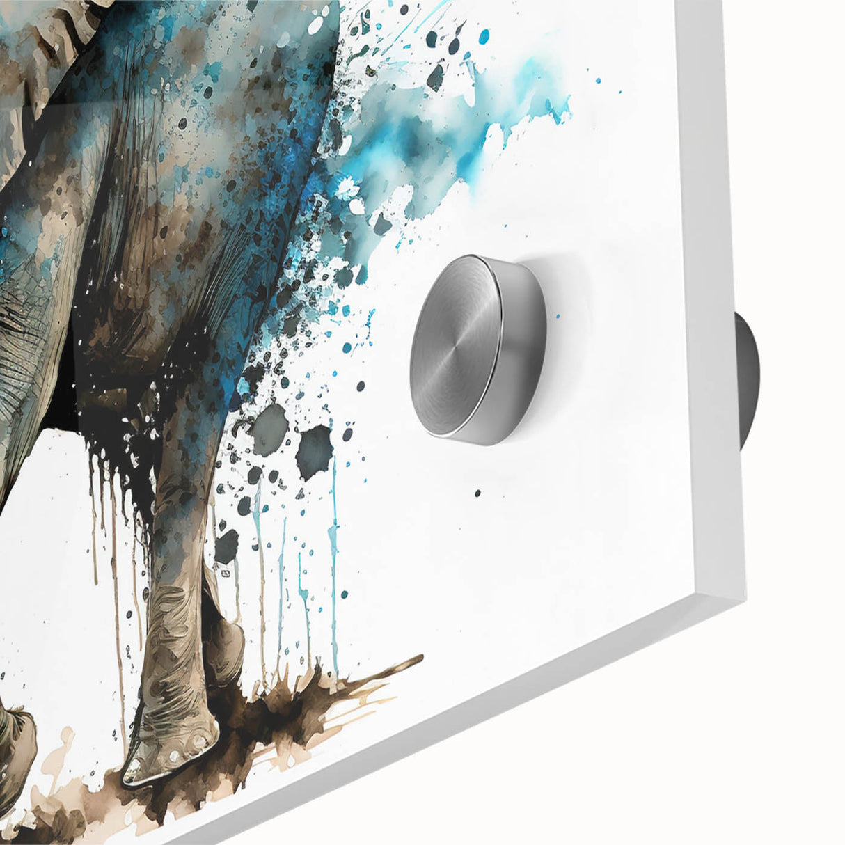 Close-up of an acrylic-glass wall art piece showcasing a realistic elephant design with intricate details and a serene color palette, perfect for wildlife enthusiasts and modern decor.