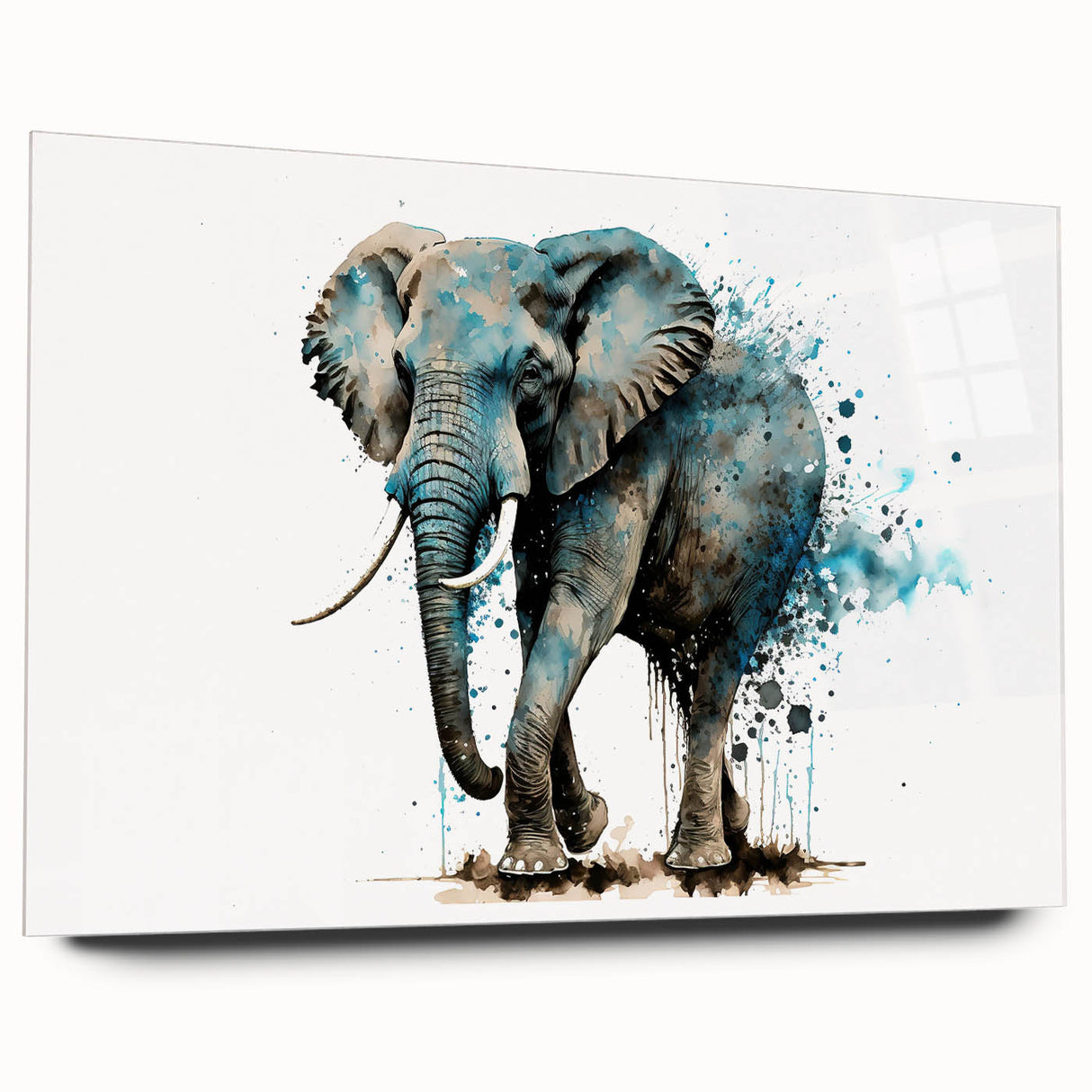 Acrylic glass wall art featuring a side view of a majestic elephant, showcasing intricate details and vibrant colors, perfect for wildlife enthusiasts and home decor.