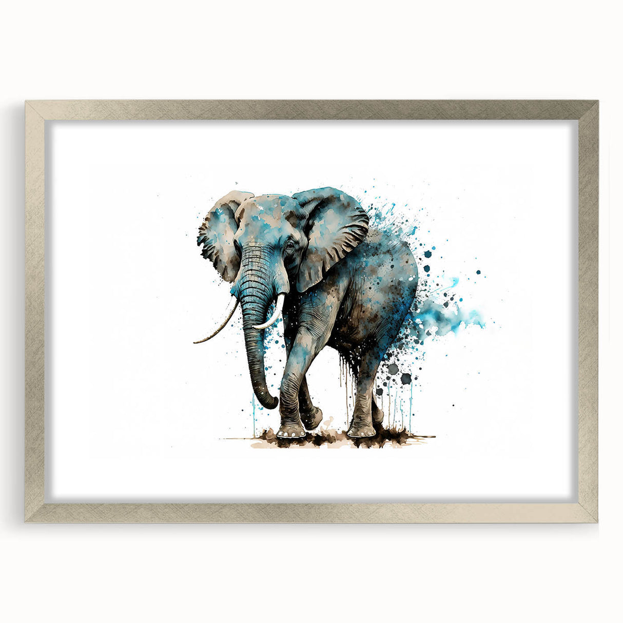 Framed wall art showcasing a majestic elephant design in a silver frame, featuring intricate details and a mat finish, perfect for wildlife enthusiasts.