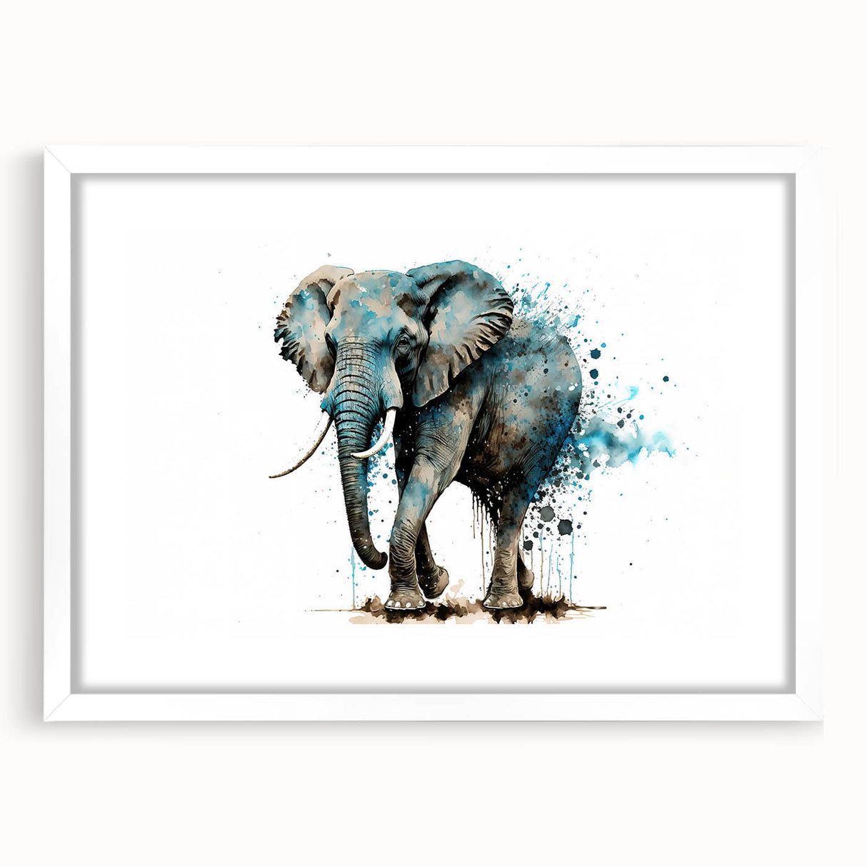 Elephant-themed wall art in a white frame, showcasing intricate details and vibrant colors, perfect for adding a touch of wildlife elegance to any room decor.