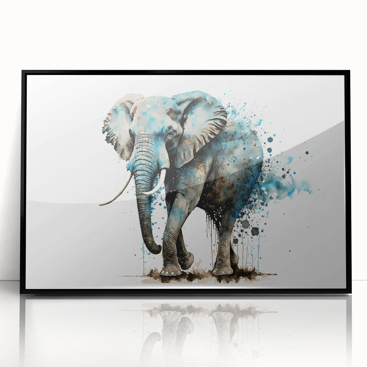 Framed wall art featuring a striking black and white elephant design, perfect for animal lovers and modern decor, set against a sleek black frame. Ideal for home or office interiors.