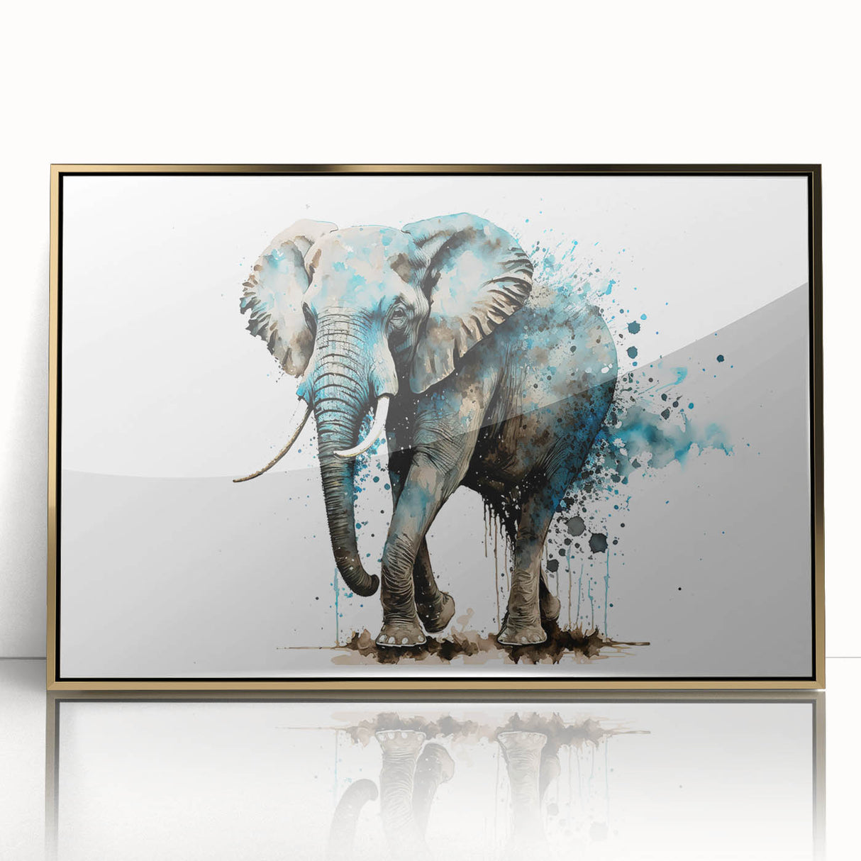 Framed wall art showcasing a detailed gold-accented illustration of an elephant, perfect for wildlife enthusiasts. Ideal for home decor, this vibrant piece adds a touch of elegance and nature-inspired charm to any space.