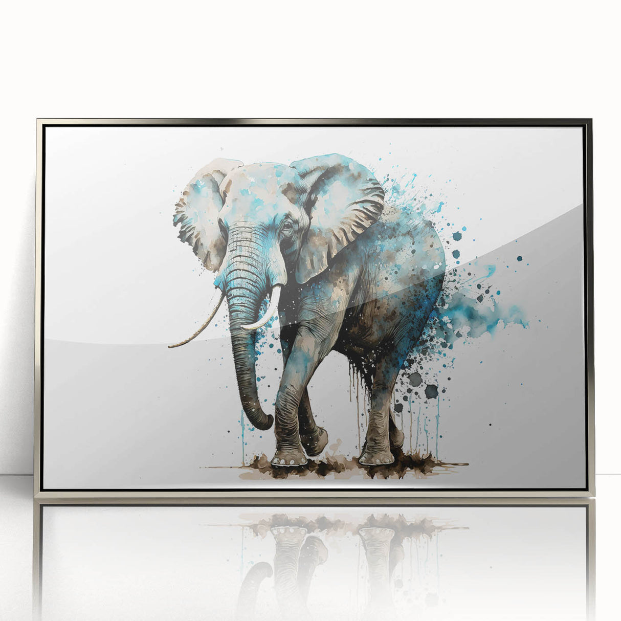 Framed wall art featuring a stunning silver acrylic design of an elephant, showcasing intricate details and vibrant colors, ideal for wildlife enthusiasts and modern decor.