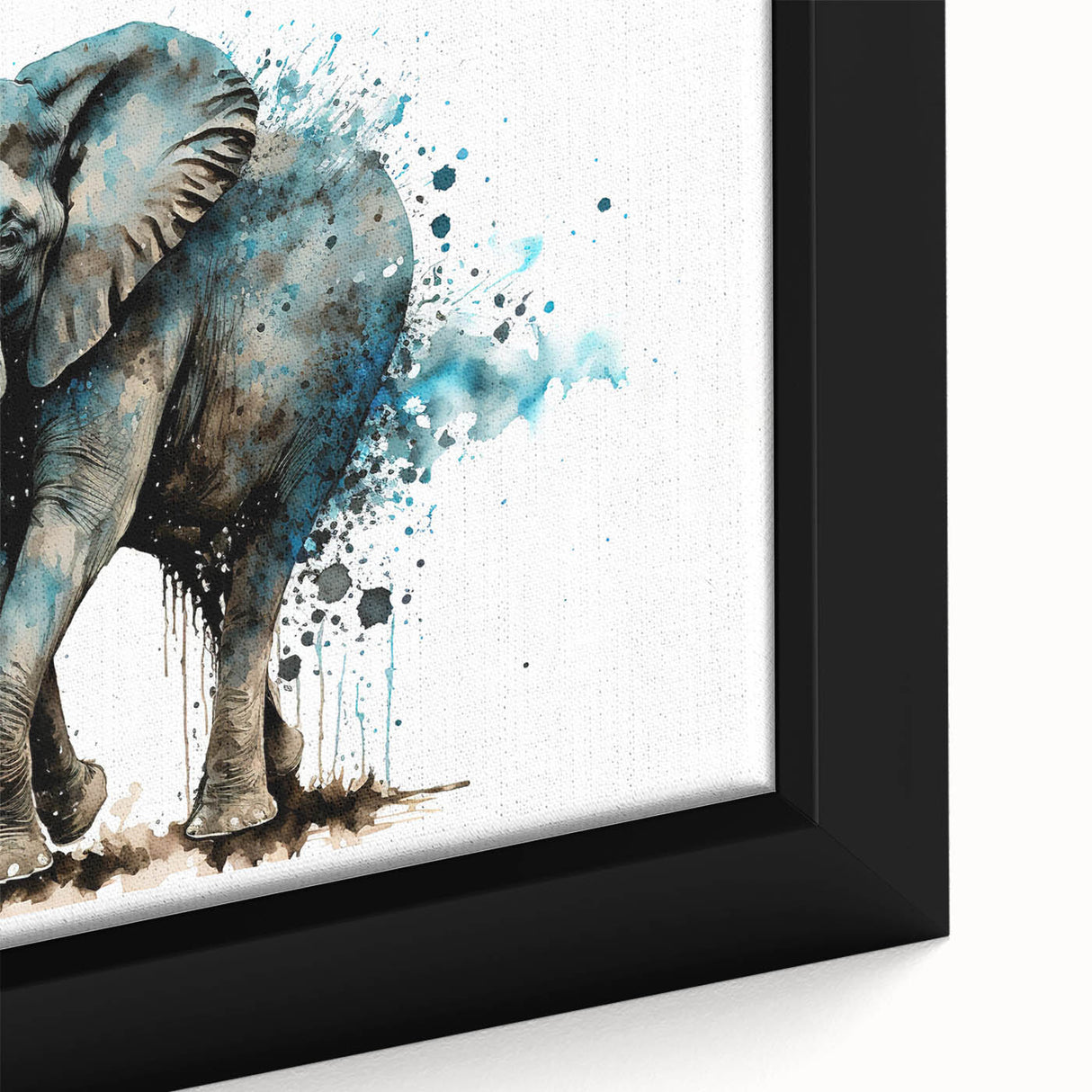 Close-up of a beautifully framed canvas wall art depicting an elephant in a vibrant, natural setting, showcasing intricate details and textures, ideal for wildlife enthusiasts.
