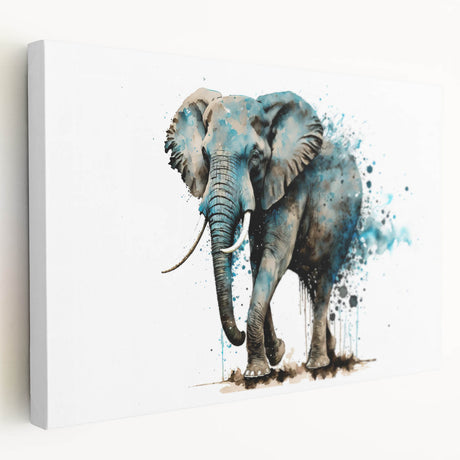 Side view of a stretched canvas wall art featuring a majestic African elephant design, showcasing intricate details and vibrant colors, perfect for wildlife enthusiasts.