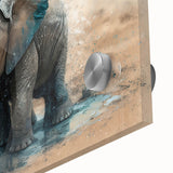 Close-up of an acrylic glass wall art piece showcasing a vibrant elephant design, featuring detailed textures and colors, ideal for wildlife enthusiasts and home decor.