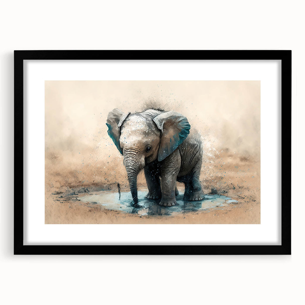 Framed wall art featuring a striking black-and-white elephant design, set against a sleek black mat, ideal for wildlife enthusiasts and modern decor. Perfect for adding a touch of nature to any living space.