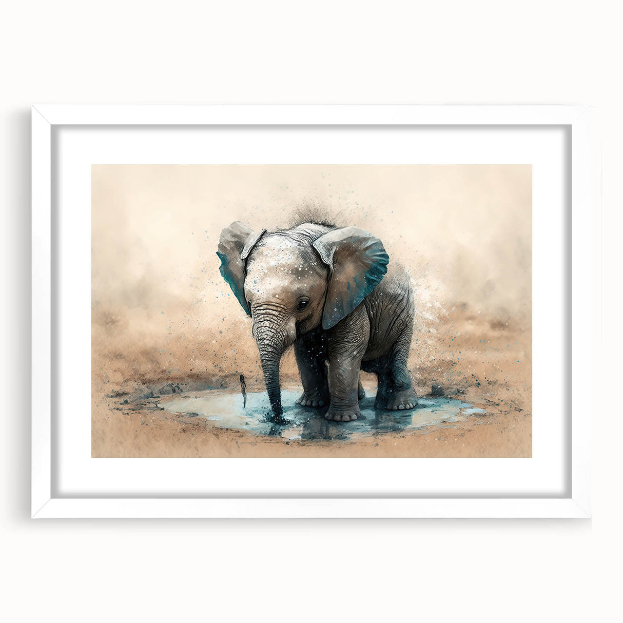 Framed wall art showcasing a detailed elephant design, featuring a white mat and sleek frame, perfect for wildlife enthusiasts and home decor lovers.