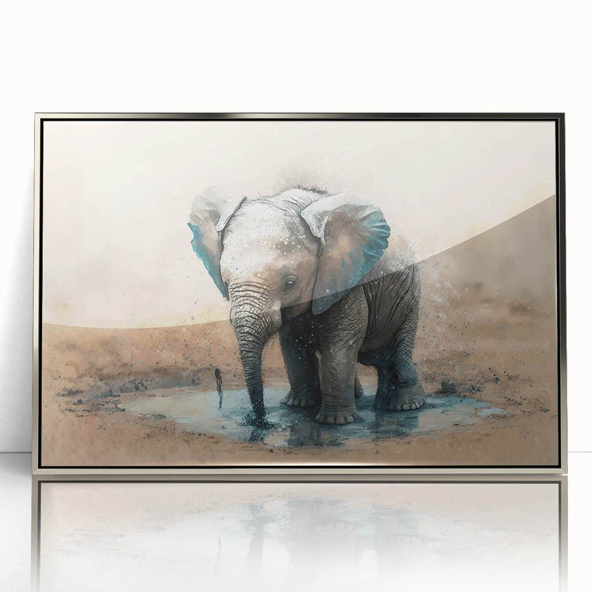 Framed acrylic wall art showcasing a stunning silver elephant design, perfect for wildlife lovers, adding elegance to any home decor.